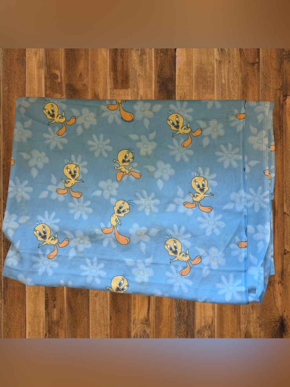 Vintage Tweety Bird Twin Flat Sheet Blue Floral Looney Tunes Made USA